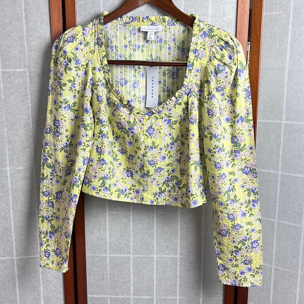 Topshop Floral Long Puff Sleeve Crop Top, Green - Size 2 - Picture 4 of 9